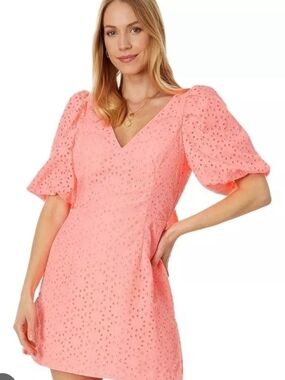 Lilly Pulitzer Celestina V Neck Romper Sunrise Coral Neon Sunburst Eyelet 14